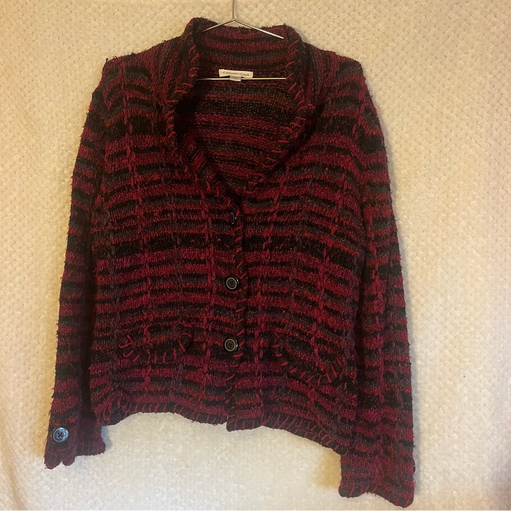 Coldwater Creek Red and Black Striped Button Cardigan Sweater Womens Size Large